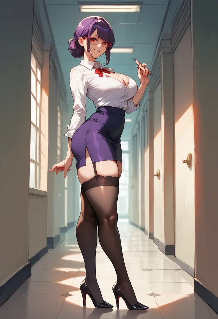 A woman is climbing the stairs wearing a navy blue blazer uniform., alone, panties, underwear, pleated skirt, (shiny dark pink satin panties:1.3)、panties that cover the butt、garter belt, Liar, Thighhighs, think back, realistic,Looking up from below