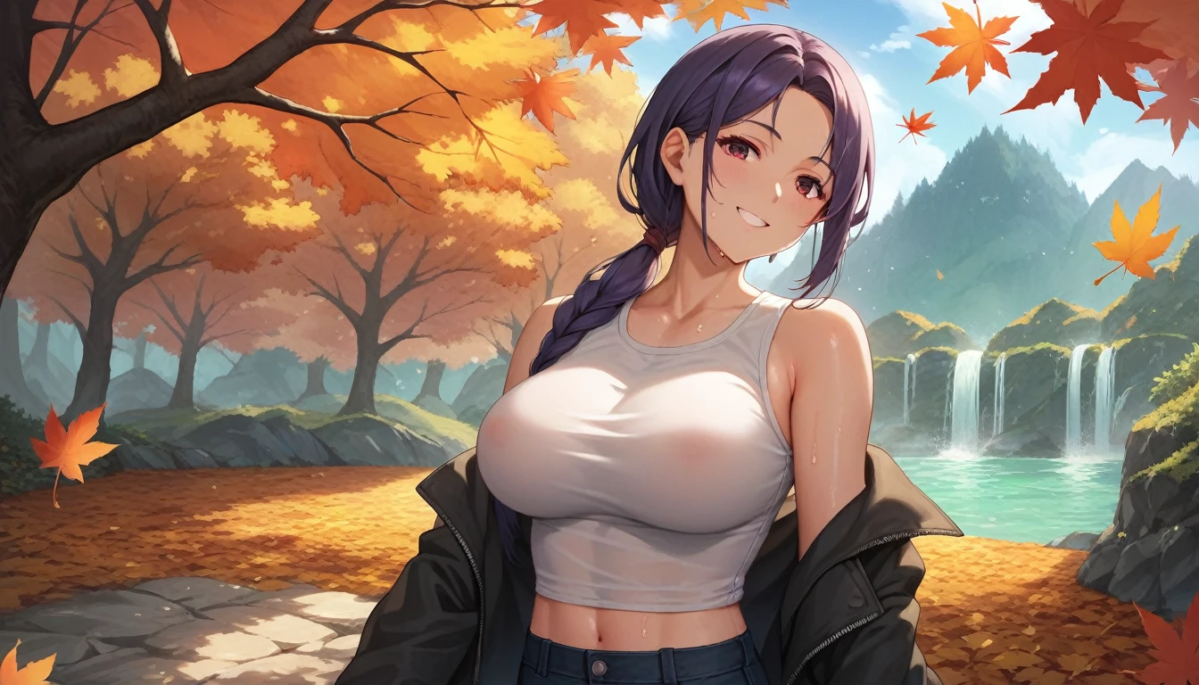 Score_9, Score_8_up, Score_7_up, One Girl,smile, Hirokazu Koyama ,Sweaty,sexy,Pixel Perfect,Large Breasts,Anatomically correct, MasterpieceHighly detailed,8k, (background,autumn leaves,waterfall),(Fits your body,White rider suit,Sleeveless),, Red eyes, ( Long Hair, Purple Hair, Parted bangs,Low Ponytail, ), Let&#39;s take a look, Show off your sides,Cowboy Shot, Standing,