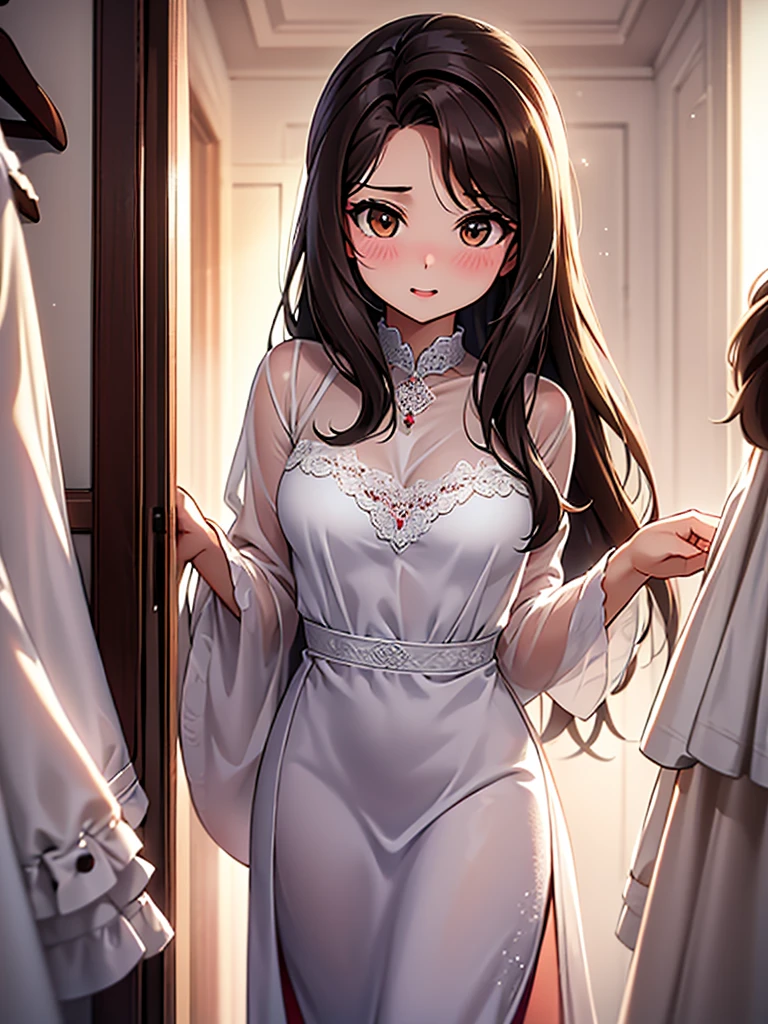 (by ikky:0.9), hutao \(genshin impact\), (cowboy shot), (anime style), (fantasy theme), (in a room, night), ((white background, all white background)), (looking at viewer, hand on hair, making a bun), (gentle smile, warm and inviting), (brown hair, small breasts, black nails), (twintails, red eyes with white flower in pupils), (wearing light green nighty shirt and light green pants with many small stars, moons, and satellites), (pretty open shirt), (cozy and intimate setting, soft lighting), (delicate features highlighted, intricate designs on pajamas), (beautiful color, detailed, aesthetic), (amazing quality: 1.4)