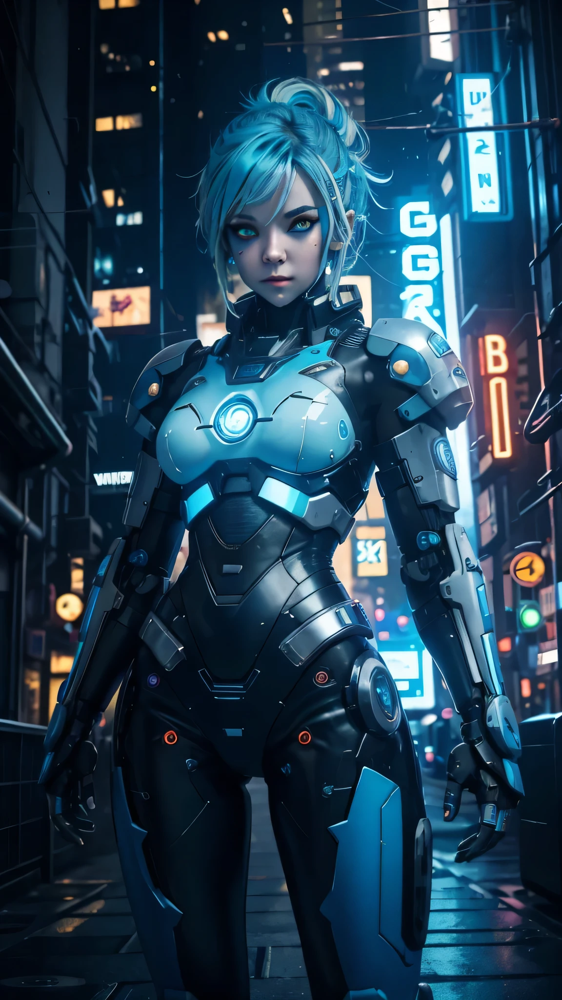 Masterpiece,(best qualtiy),highly detailed,Ultra-detailed,sci-fy, 1 Mech girl,Large robot structure,solo person, crNanosuit, (Blue eyes),(Machine-made joints:1.5), Mechanical limb,huge tit,Wire,street fighting,(dynamicposes), (Serious expression), (tactical gear:1.2), High contrast, extreme hight detail,highest details,(during night:0.7), (urban surroundings), (glowing neon lights:0.9), (smoke effect:0.6),