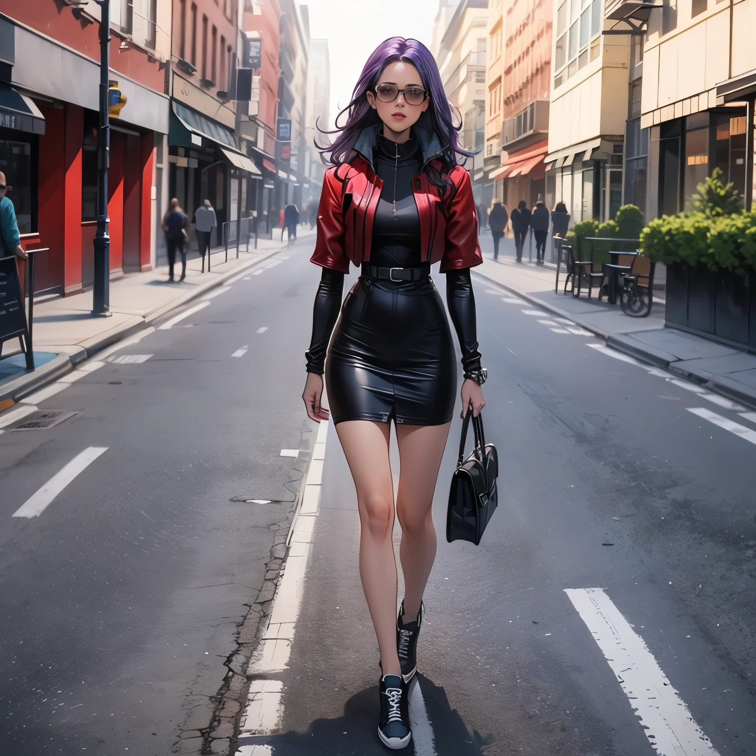 (masterpiece), best quality, 1girl, expressive eyes, perfect face, (purple hair), perfect anatomy, full body, 4k, HDR, full HD, alone, wears a white dress up to her knees, wears black sneakers, on top of the dress She is wearing a red bolero, she is wearing dark glasses, her lips are painted deep red, she is walking on the street,