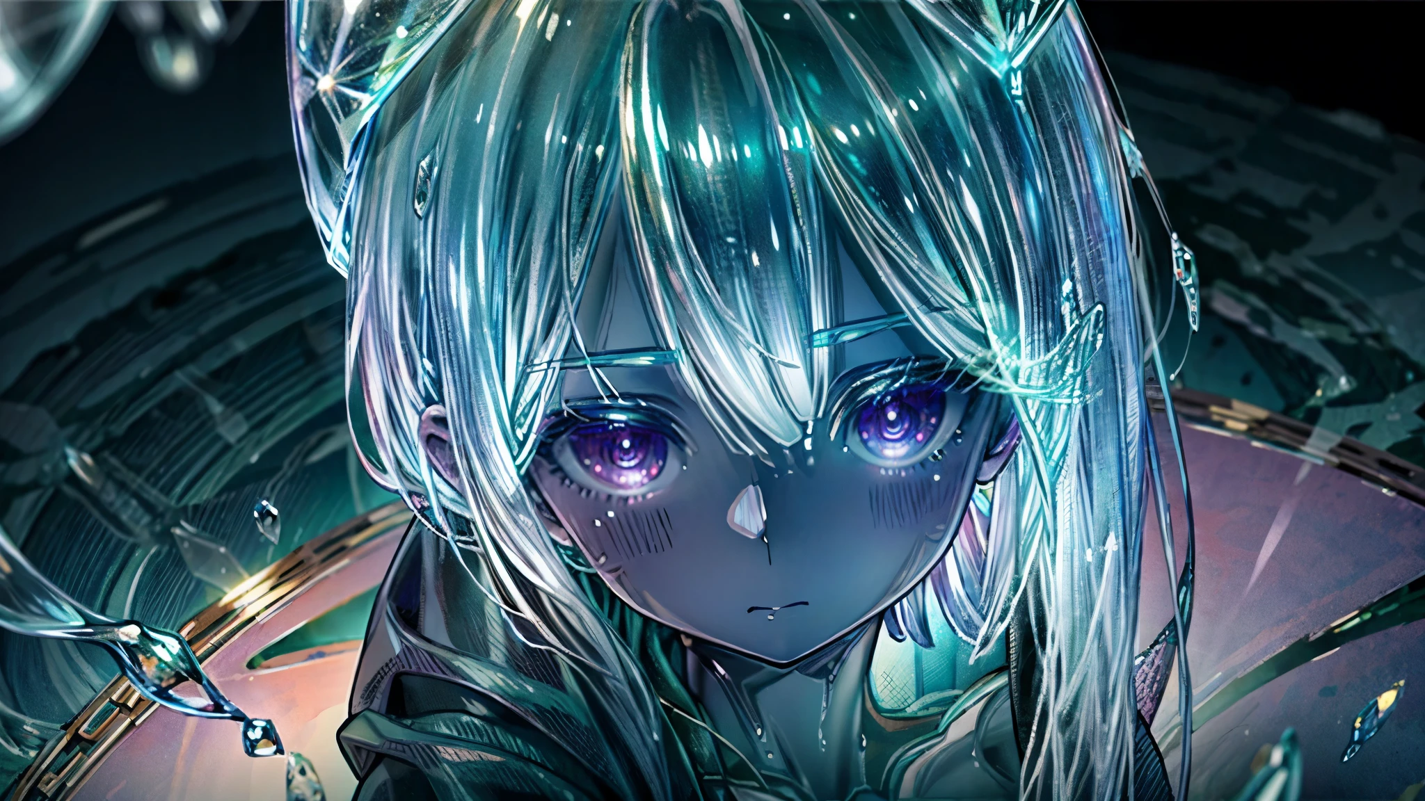 1 girl made of glass, masterpiece, high resolution, top quality, Textured skin, sprawled, lying on the ground, about 20 years old, (((transparent body))), glass skin, Optical refraction, reflection, glitter, prism ray, An anime-style character with a fully transparent, glass-like body. The character's skin reflects light like smooth, clear glass, with subtle highlights and refractions. The body is hollow inside, with no internal organs visible, and the surrounding light passes through, casting delicate shadows and reflections, A girl with transparent skin whose body is made of glass. Her clothes are made of ordinary cloth, not transparent