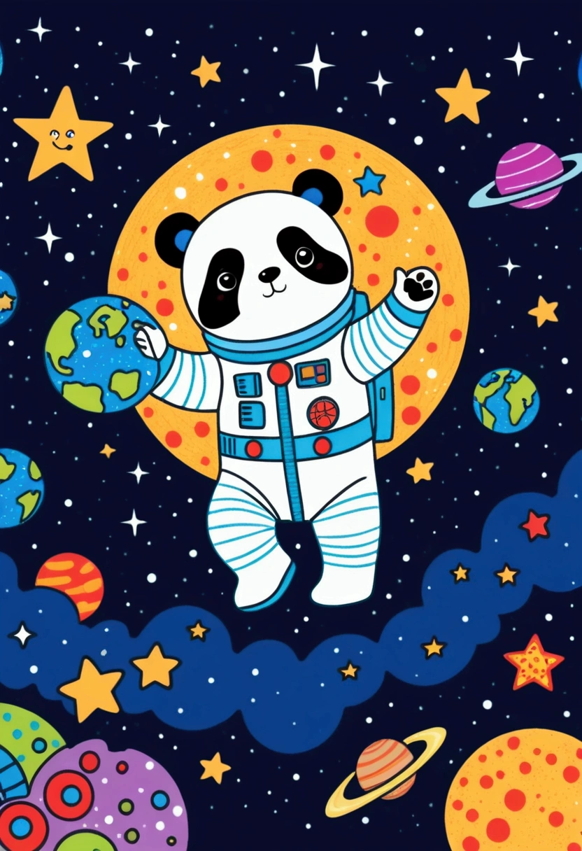 cartoon bear In space suit flying over a moon with stars, Vector art by Keiichiro Kume, pixabay, Toyism, In the starry sky, a panda In space, In outer space, dog in space suite, In space, Colorful book illustration, Cute astronaut sticker art, astronaut In space, Clothed in stars and planets