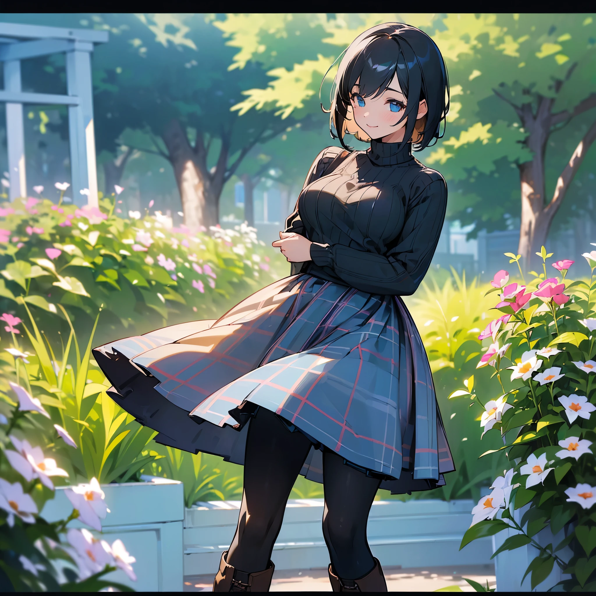 (high quality, High resolution, Very detailed, reality:1.37), Peaceful atmosphere, (Outdoor, garden), Teenage girl standing alone, (my breasts are big.), Beautiful details, Cute Smile, (Black bob hair), Ribbed sweater, Blue plaid skirt, Black tights, Brown boots.