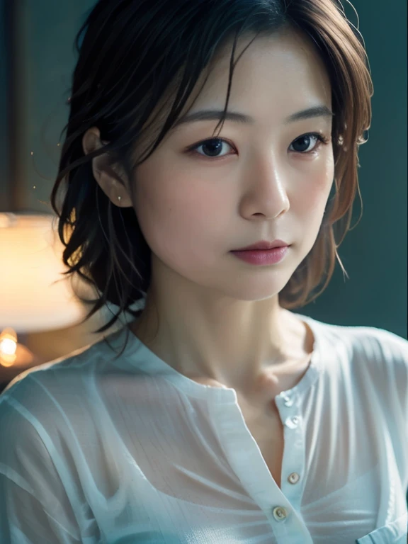 Cinematic colors, Beautiful Japanese Women, (Best Quality, Super detailed), Feminine lighting, Small face、Messy, bed-headed hair, Wearing a transparent white shirt and jeans, Delicate features, Dreamy atmosphere
