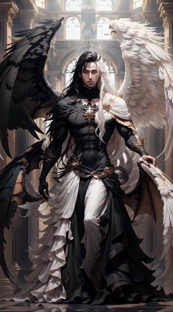 (master-piece:1.3),(bestquality:1.2),10,Absurd,Unity wallpaper 10,(Very detailed:1.3),highest, (1 man,handsome), ((Separate theme,Merge)), (Long straight hair,long and handsome), Heterochromia, (White Hair,Black Hair), (angel,Demons), (White wings,black wings)