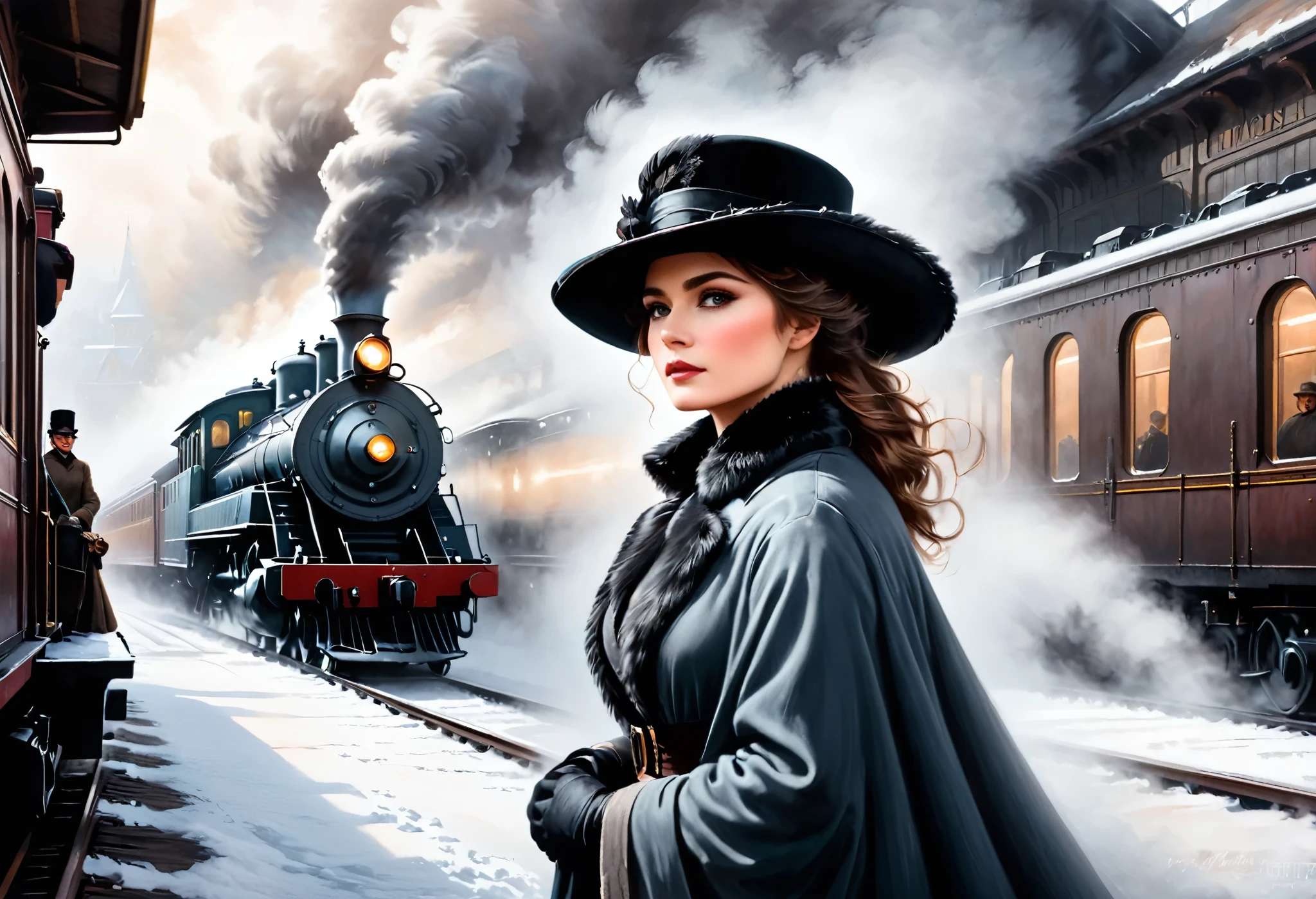 Pastel, black pencil hatching, charcoal drawing, toned paper, pencil drawing,
A historical scene set in a foggy train station. Foreground close-up, on camera, Anna Karenina, dressed in elegant 19th century winter attire, including a fur cape, hat, throws herself (((moving view, in front of the locomotive: 1.5))) under the locomotive. The train emits steam, creating a dramatic and nostalgic atmosphere. In the background are details of the train station with an industrial, vintage feel.