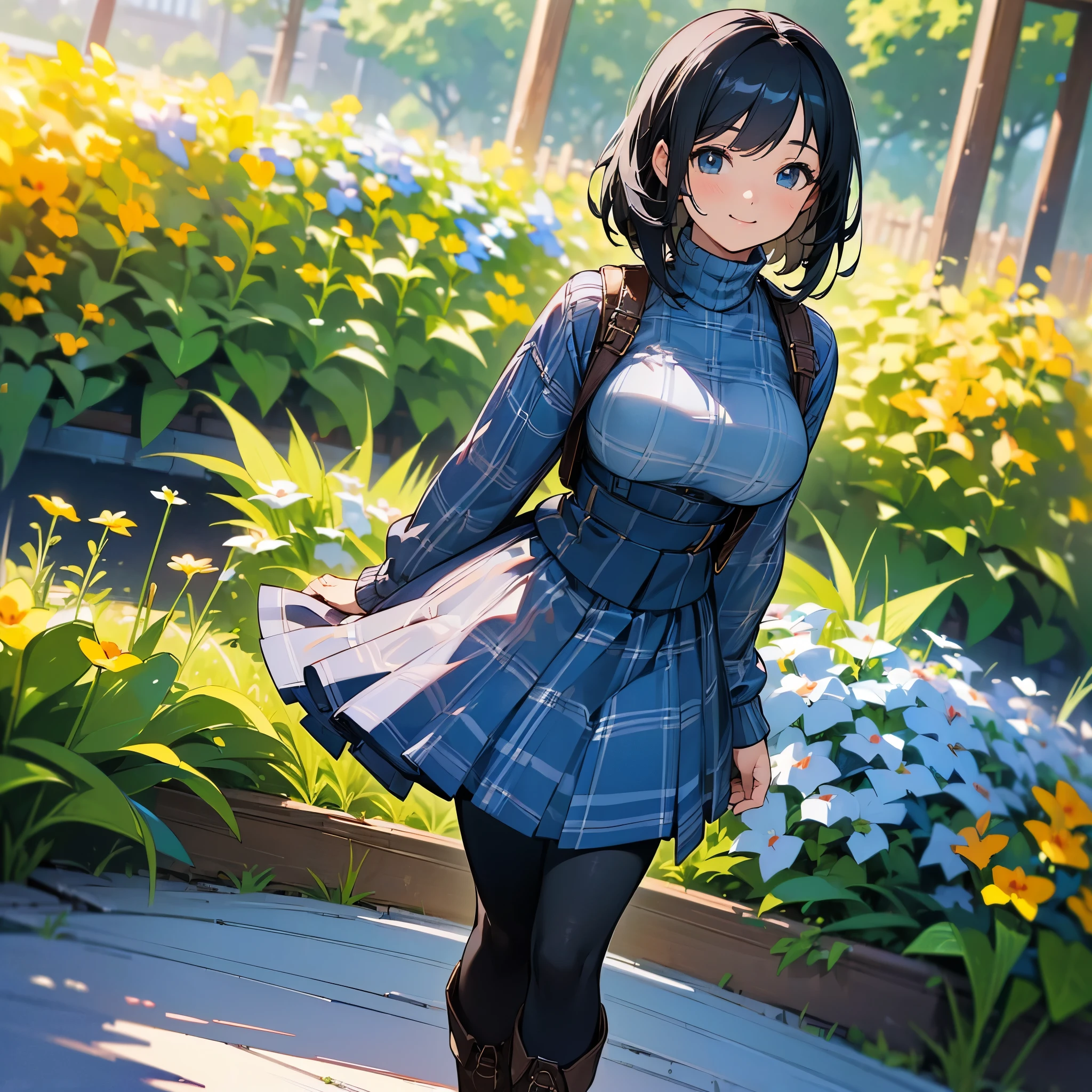 (high quality, High resolution, Very detailed, reality:1.37), Peaceful atmosphere, (Outdoor, garden), Teenage girl standing alone, (My breasts are large.), Beautiful details, Cute Smile, (Black bob hair), Ribbed sweater, Blue plaid skirt, Black tights, Brown boots.