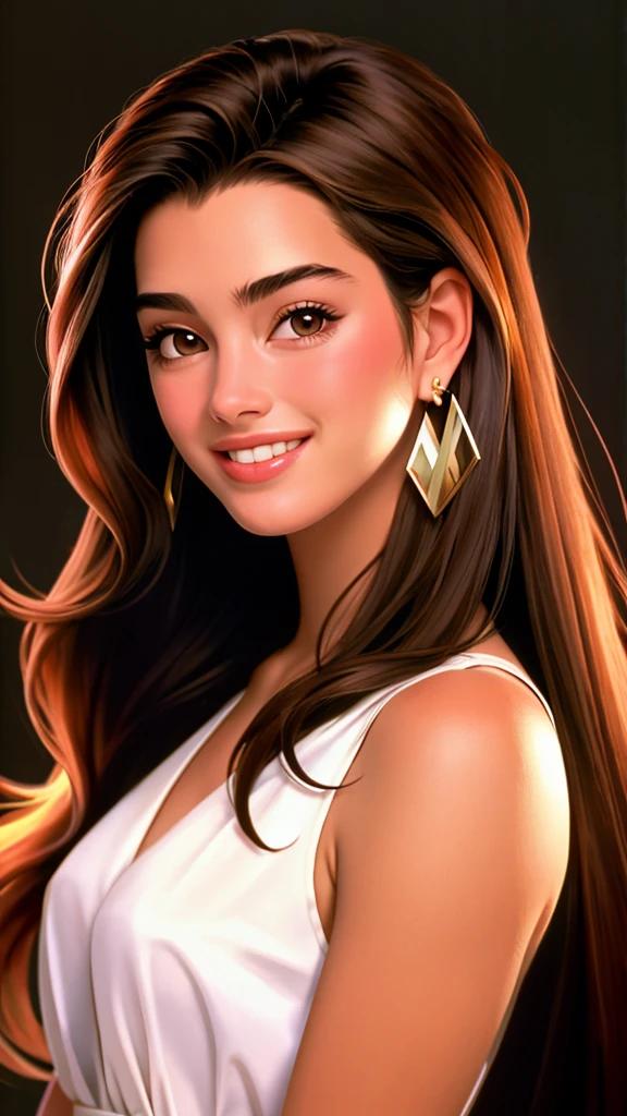 A beautiful br00k3s woman, 1girl,solo,long hair,looking at viewer,smile,simple background,brown hair,dress,bare shoulders,brown eyes,jewelry,upper body,earrings,teeth,sleeveless,grin,lips,one side up,brown background,realistic,soft lighting, professional Photography, Photorealistic, detailed, RAW, analog, sharp focus, 8k, HD, high quality, masterpiece