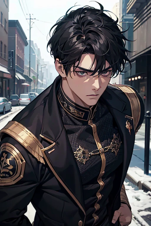 8k, Best Quality, masterpieceHighly detailed, Semi-realistic, One Man, Hold up your hands, Very short black hair with bangs, Very Short Hair, Golden Eyes, Black Suit,  Black details, Muscular build, Cold look, Battle Scenes, Outdoor, White background,Anime Style,Soft pastel tones,A handsome and beautiful man,A bold face,A hard, erect cock,A fascinating body,A delicate and detailed penis、My penis is so excited it&#39;s standing erect