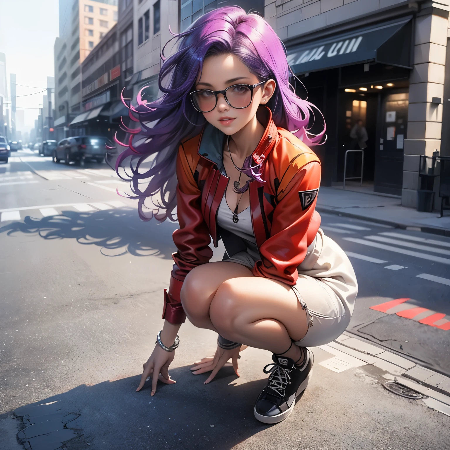 (masterpiece), best quality, 1girl, expressive eyes, perfect face, (purple hair), perfect anatomy, full body, 4k, HDR, full HD, alone, wears a white dress up to her knees, wears black sneakers, on top of the dress She is wearing a red bolero, she is wearing dark glasses, her lips are painted deep red, she is walking on the street,