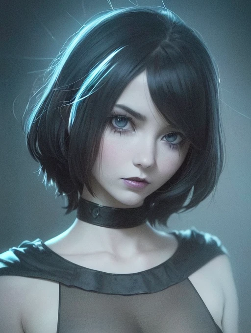 Bad ass, cute face and perverted look wiewer ,bobcut hair, makeup gothic blue eyes, black nail paint