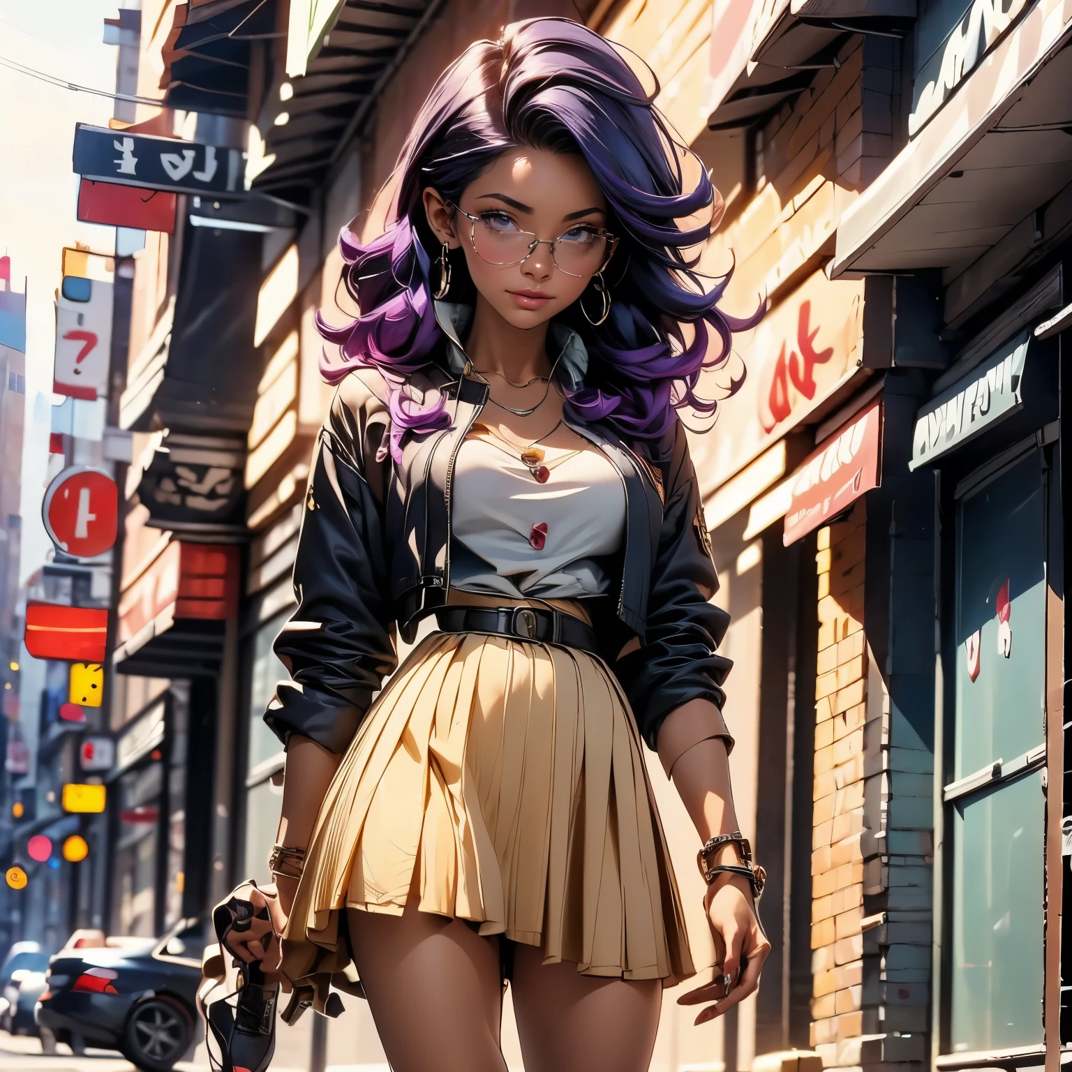 (masterpiece), best quality, 1girl, expressive eyes, perfect face, (purple hair), perfect anatomy, full body, 4k, HDR, full HD, alone, wears a white dress up to her knees, wears black sneakers, on top of the dress She is wearing a red bolero, she is wearing dark glasses, her lips are painted deep red, she is walking on the street,