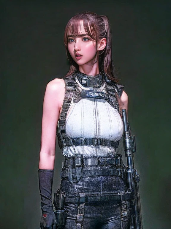 Highest quality、Amazing details、Ultra-high resolution、（realism：1.4）、（（close：0.75））、One woman is very condensed、Beautiful and delicate face、Perfect Proportions、Narrow your target audience、Large Breasts）、Brown Hair、（White Tech Suit）、（Cyborg vs. police uniform、、、Black and grey mech、Military Harness、RPG-7、Hitch Tech Flamethrower Tank Transport）、The background is a simple grey wall、