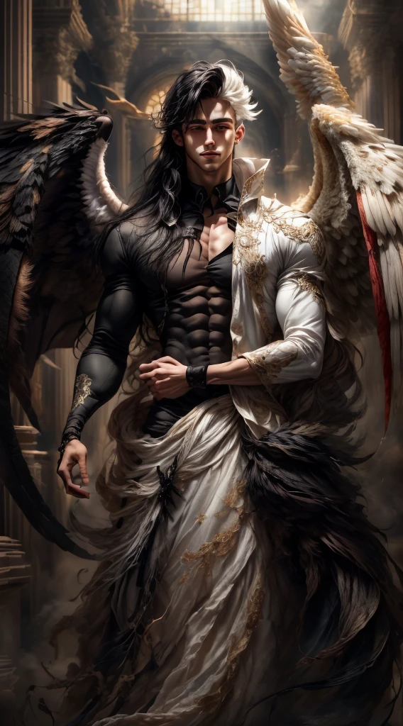 (master-piece:1.3),(bestquality:1.2),10,Absurd,Unity wallpaper 10,(Very detailed:1.3),highest, (1 man,handsome), ((Separate theme,Merge)), (Long straight hair,long and handsome), Heterochromia, (White Hair,Black Hair), (angel,Demons), (White wings,black wings)