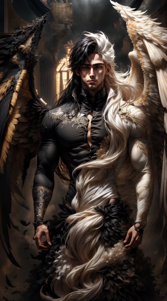 (master-piece:1.3),(bestquality:1.2),10,Absurd,Unity wallpaper 10,(Very detailed:1.3),highest, (1 man,handsome), ((Separate theme,Merge)), (Long straight hair,long and handsome), Heterochromia, (White Hair,Black Hair), (angel,Demons), (White wings,black wings)