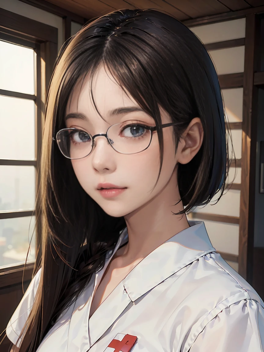 (8K, Highest quality, masterpiece), Very detailed, masterpiece, Realistic lighting, masterpiece, Highest quality, masterpiece, Official artwork, Very detailed 8K unity CG wallpaper, A age girl with a pretty face, Long dark hair tied in a ponytail with a beautiful diamond ribbon, Elegant and beautiful, Wear glasses, Wearing white silk pajamas with red embroidery, Big Breasts, Wearing high heels.