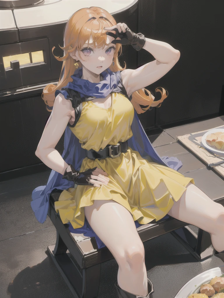 One girl,Alone,dq4-Arena,Long Hair,Purple eyes,Orange Hair,Sleeveless,Black Pantyhose,yellow dress,Yellow Skirt,belt,Cape,Curly Hair,gloves,Small breasts, boots,Shiny,room,Sit on a chair,table,Lost in Thought, (masterpiece), (Best Quality), (Super detailed), Intricate details,