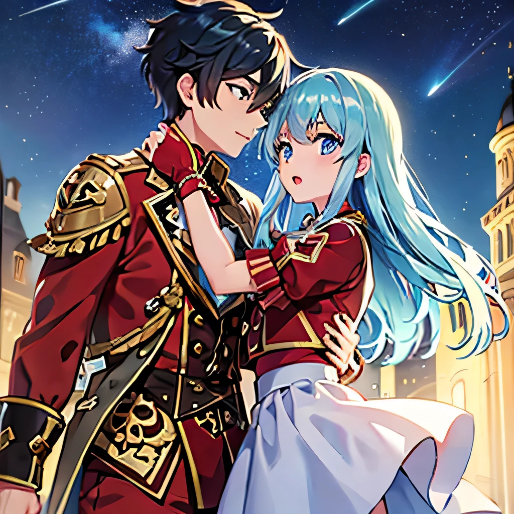 A girl with blue eyes and light blue hair, red blouse with gold plates on her body, pink panties, a gold bracelet and white skirt affectionately kissing a boy with short black hair on the lips, ojos marrones, lentes, red jacket with a night castle behind them and shooting stars in the sky