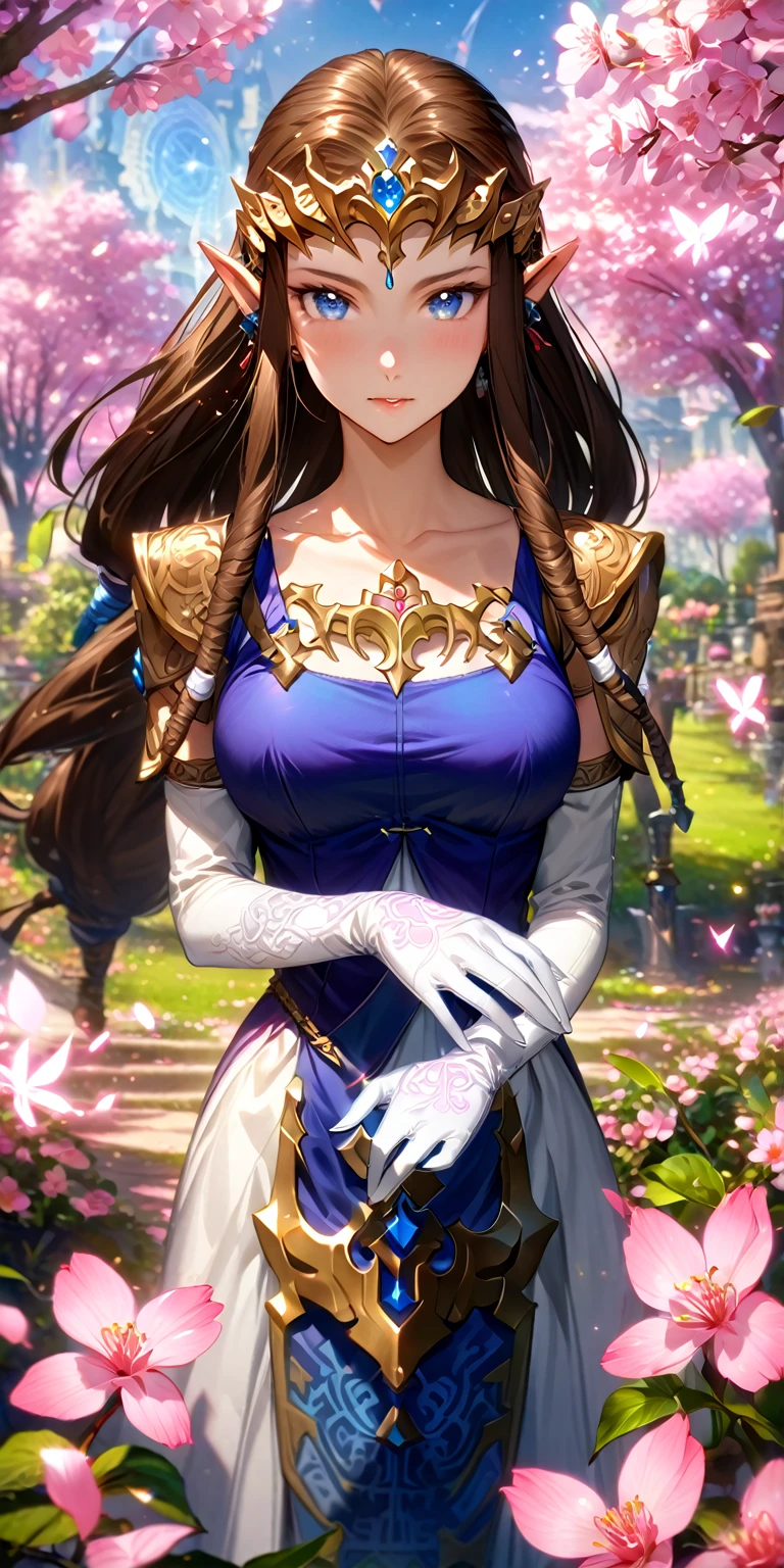 absurdres, highres, ultra detailed, HDR, master piece, best quality, extremely detailed, detailed eyes, detailed face, Zelda, dark brown hair, expressive blue eyes, The Legend Of Zelda Twilight Princess, solo, woman, beautiful, purple vest, white dress, long white gloves, accessories, glittering pink butterflies, garden, magic circle, green leaves, pink petals, pink flowers, fantasy, magical, pink cherry blossoms