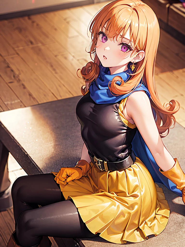 One girl,Alone,dq4-Arena,Long Hair,Purple eyes,Orange Hair,Sleeveless,Black Pantyhose,yellow dress,Yellow Skirt,belt,Cape,Curly Hair,gloves,Small breasts, boots,Shiny,room,Sit on a chair,table,Lost in Thought, (masterpiece), (Best Quality), (Super detailed), Intricate details,