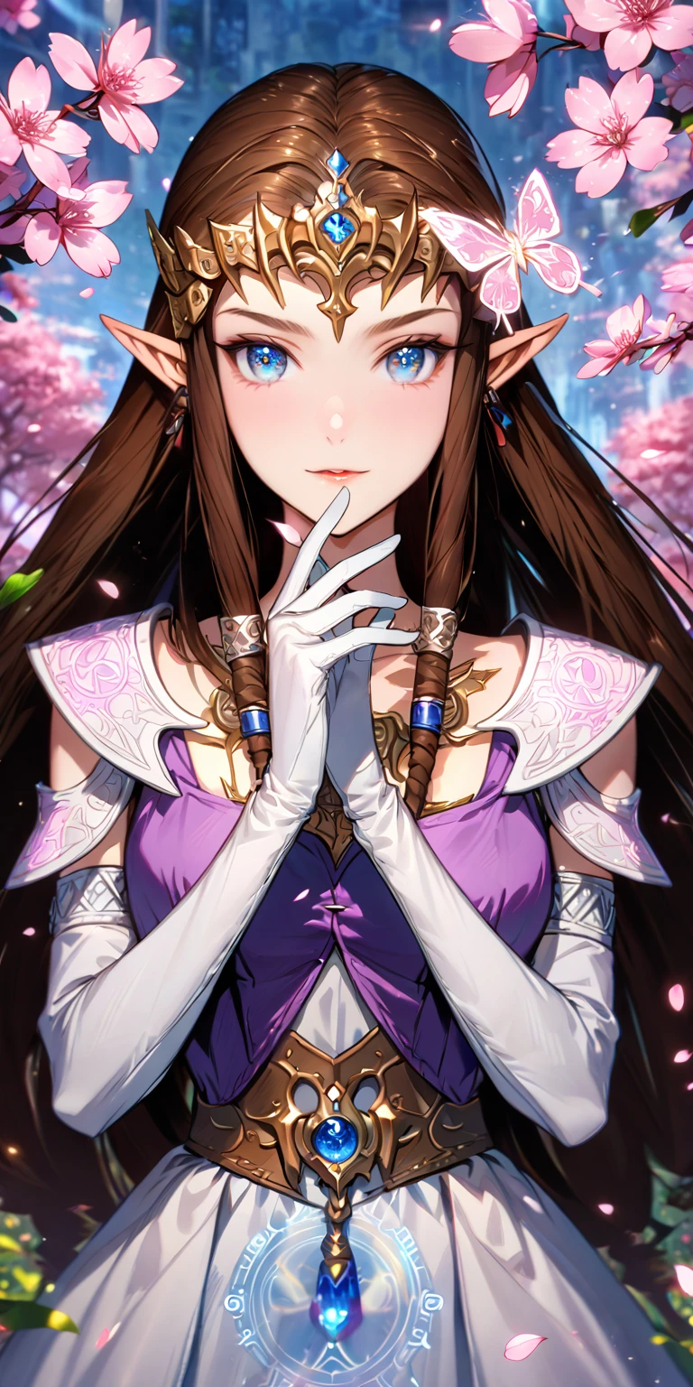 absurdres, highres, ultra detailed, HDR, master piece, best quality, extremely detailed, detailed eyes, detailed face, Zelda, dark brown hair, expressive blue eyes, The Legend Of Zelda Twilight Princess, solo, woman, beautiful, purple vest, white dress, long white gloves, accessories, glittering pink butterflies, garden, magic circle, green leaves, pink petals, pink flowers, fantasy, magical, pink cherry blossoms