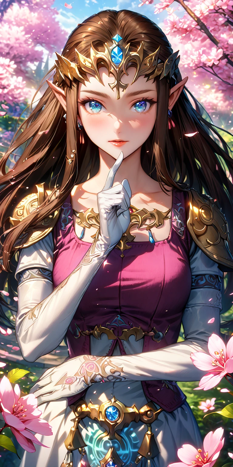 absurdres, highres, ultra detailed, HDR, master piece, best quality, extremely detailed, detailed eyes, detailed face, Zelda, dark brown hair, expressive blue eyes, The Legend Of Zelda Twilight Princess, solo, woman, beautiful, purple vest, white dress, long white gloves, accessories, glittering pink butterflies, garden, magic circle, green leaves, pink petals, pink flowers, fantasy, magical, pink cherry blossoms