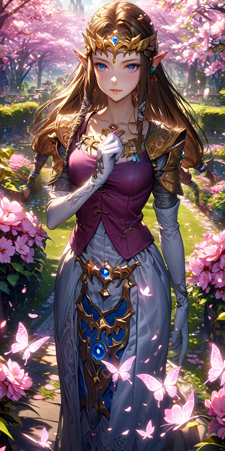 absurdres, highres, ultra detailed, HDR, master piece, best quality, extremely detailed, detailed eyes, detailed face, Zelda, dark brown hair, expressive blue eyes, The Legend Of Zelda Twilight Princess, solo, woman, beautiful, cherry red vest, white dress, long white gloves, accessories, glittering pink butterflies, garden, magic circle, green leaves, pink petals, pink flowers, fantasy, magical, pink cherry blossoms