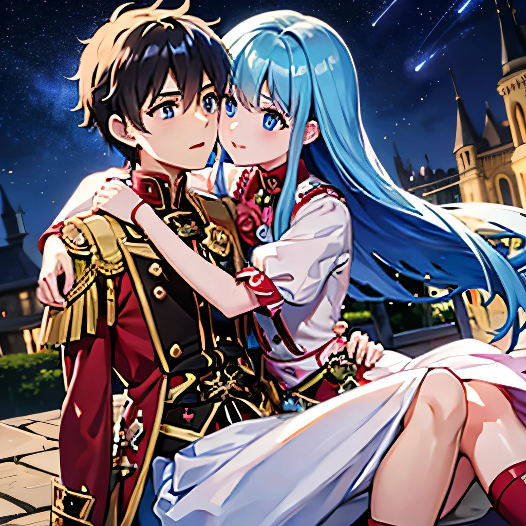 A girl with blue eyes and light blue hair, red blouse with gold plates on her body, pink panties, a gold bracelet and white skirt affectionately kissing a boy with short black hair on the lips, ojos marrones, lentes, red jacket with a night castle behind them and shooting stars in the sky