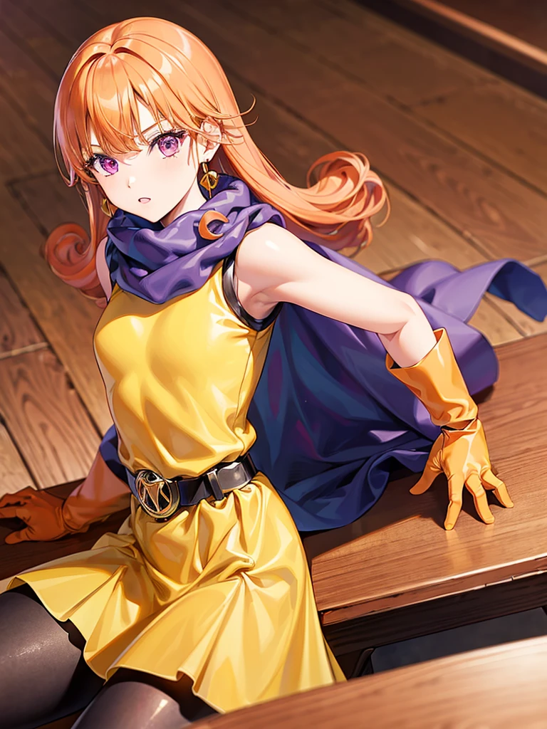 One girl,Alone,dq4-Arena,Long Hair,Purple eyes,Orange Hair,Sleeveless,Black Pantyhose,yellow dress,Yellow Skirt,belt,Cape,Curly Hair,gloves,Small breasts, boots,Shiny,room,Sit on a chair,table,Lost in Thought, (masterpiece), (Best Quality), (Super detailed), Intricate details,