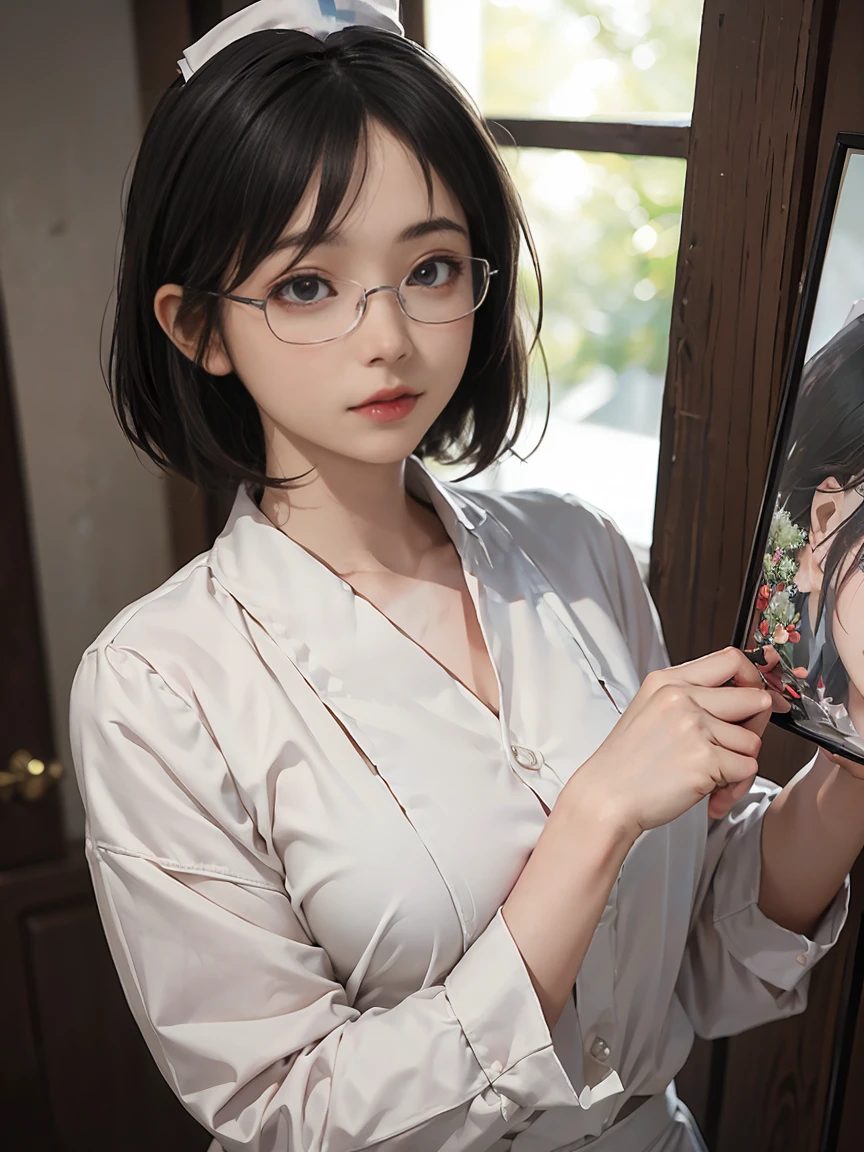 8k,最high quality,(masterpiece:1.2),(Realistic),(Realistic:1.37),超High resolution,1. ((Japanese women))、((Mature Woman))、((Married Woman))、Droopy eyes,Beautiful teeth alignment,((Wear rimless glasses))、((Black short bob hair))、 Well-formed fingers,((とてもSmall breasts))((Small breasts))((FlatChest))、Perfect body,Perfect Fingers,Beautiful Skin,Professional Writing,gravure,detailedな顔と肌の質感,fine grain,RAW Photos (非常にdetailedな肌),Curvy,Pale skin,(Fantasy art,最high quality,Dreamy portrait,(8k),Ultra-realistic,最high quality, high quality, High resolution, high quality texture,Attention to detail,Beautiful details,detailed,Extremely detailed CG,detailed Texture,Realisticな表情,In front of a masterpiece,dynamic),(Very Fine Hair),(Very soft hair),((Wearing a nurse uniform&#39;s uniform)), (( I can see her thighs )) (((Sit astride a chair)))　(((Side view)))　(((彼女はAccentuate your buttために背中を反らせている)))　(((The lines of the body are clearly visible)))、(((Beautiful finger painting)))　(((Beautiful body drawing)))　(((Sit with your legs apart)))、(((Accentuate your butt)))、(((Full body photo)))、(((Low Angle Photography)))、(((Correct ankle orientation)))(((The correct number of legs)))　(((Accurate Body Composition)))　(((Accurate rear visibility)))