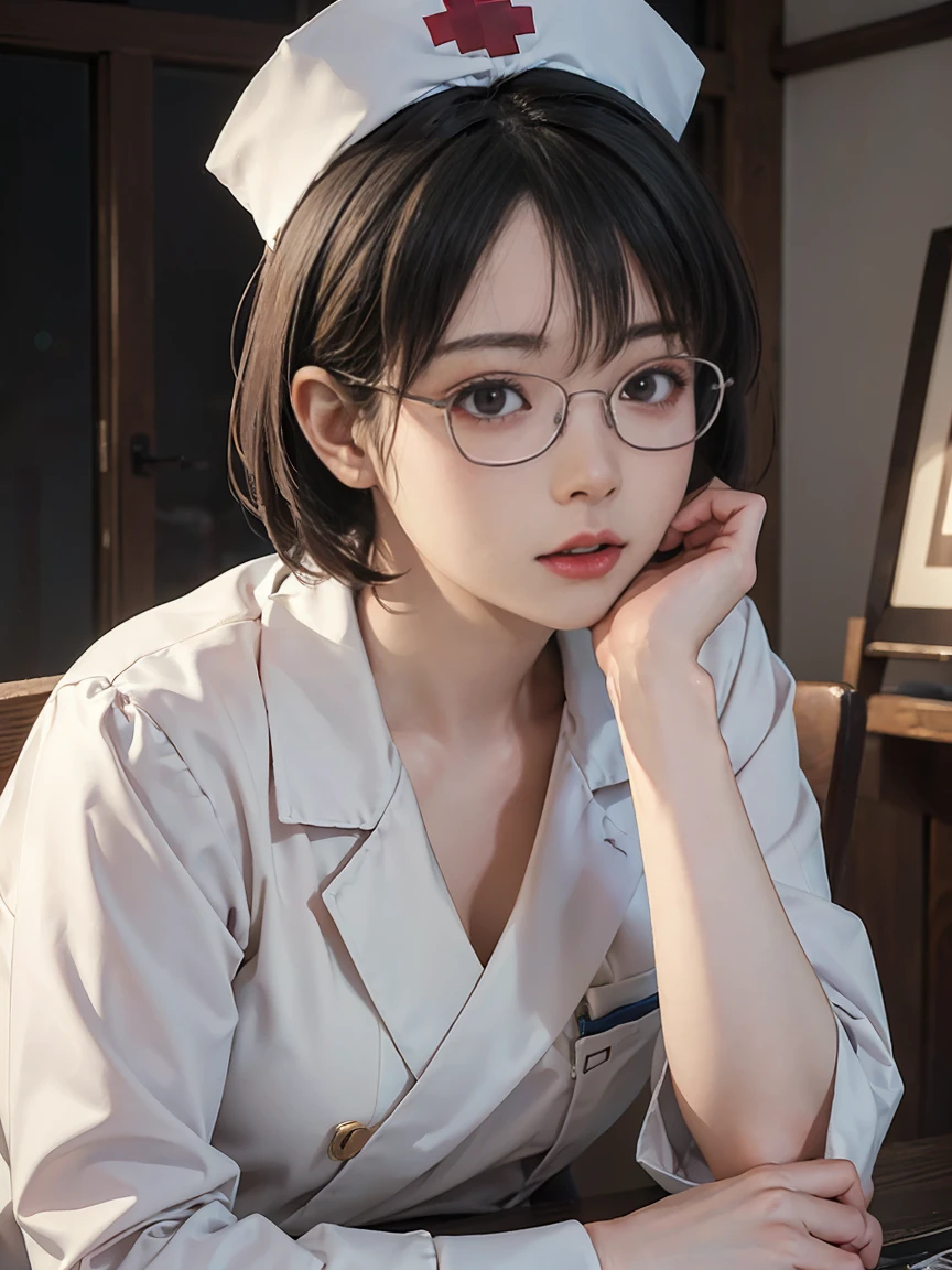 8k,最high quality,(masterpiece:1.2),(Realistic),(Realistic:1.37),超High resolution,1. ((Japanese women))、((Mature Woman))、((Married Woman))、Droopy eyes,Beautiful teeth alignment,((Wear rimless glasses))、((Black short bob hair))、 Well-formed fingers,((とてもSmall breasts))((Small breasts))((FlatChest))、Perfect body,Perfect Fingers,Beautiful Skin,Professional Writing,gravure,detailedな顔と肌の質感,fine grain,RAW Photos (非常にdetailedな肌),Curvy,Pale skin,(Fantasy art,最high quality,Dreamy portrait,(8k),Ultra-realistic,最high quality, high quality, High resolution, high quality texture,Attention to detail,Beautiful details,detailed,Extremely detailed CG,detailed Texture,Realisticな表情,In front of a masterpiece,dynamic),(Very Fine Hair),(Very soft hair),((Wearing a nurse uniform&#39;s uniform)), (( I can see her thighs )) (((Sit astride a chair)))　(((Side view)))　(((彼女はAccentuate your buttために背中を反らせている)))　(((The lines of the body are clearly visible)))、(((Beautiful finger painting)))　(((Beautiful body drawing)))　(((Sit with your legs apart)))、(((Accentuate your butt)))、(((Full body photo)))、(((Low Angle Photography)))、(((Correct ankle orientation)))(((The correct number of legs)))　(((Accurate Body Composition)))　(((Accurate rear visibility)))