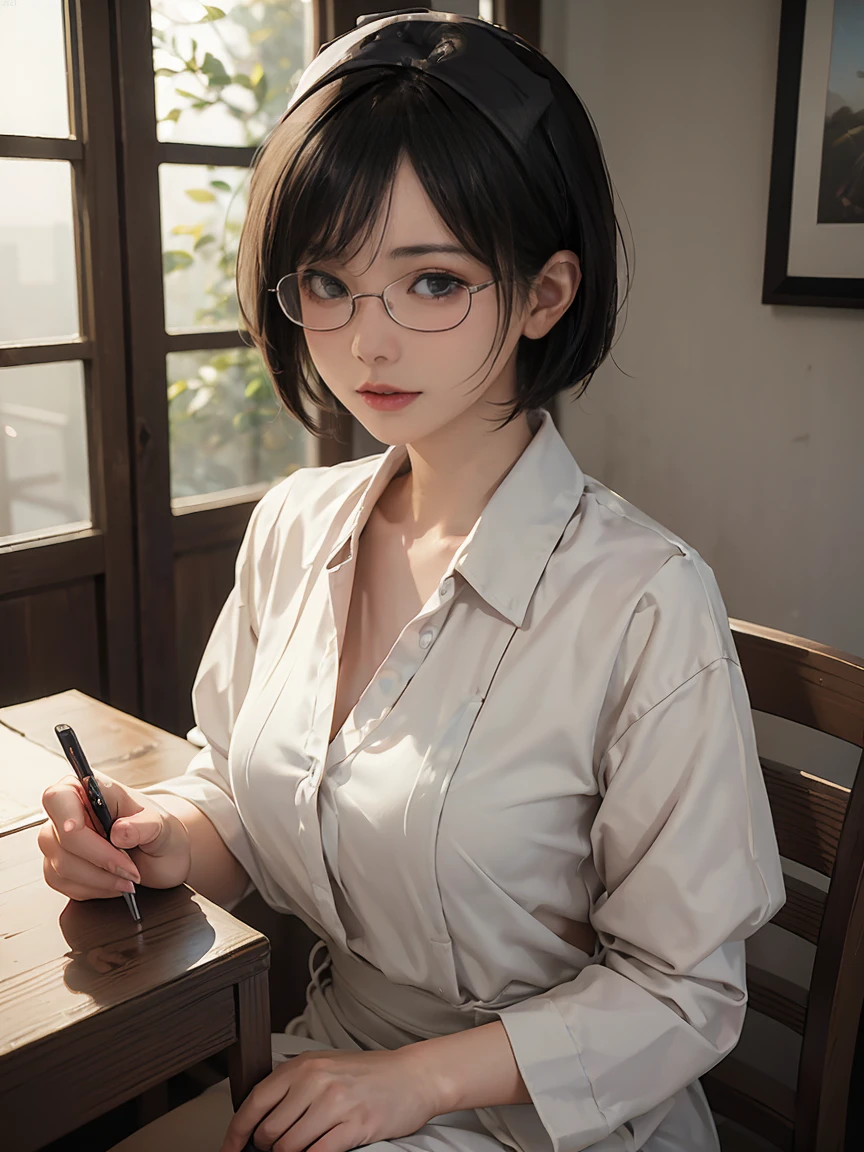 8k,最high quality,(masterpiece:1.2),(Realistic),(Realistic:1.37),超High resolution,1. ((Japanese women))、((Mature Woman))、((Married Woman))、Droopy eyes,Beautiful teeth alignment,((Wear rimless glasses))、((Black short bob hair))、 Well-formed fingers,((とてもSmall breasts))((Small breasts))((FlatChest))、Perfect body,Perfect Fingers,Beautiful Skin,Professional Writing,gravure,detailedな顔と肌の質感,fine grain,RAW Photos (非常にdetailedな肌),Curvy,Pale skin,(Fantasy art,最high quality,Dreamy portrait,(8k),Ultra-realistic,最high quality, high quality, High resolution, high quality texture,Attention to detail,Beautiful details,detailed,Extremely detailed CG,detailed Texture,Realisticな表情,In front of a masterpiece,dynamic),(Very Fine Hair),(Very soft hair),((Wearing a nurse uniform&#39;s uniform)), (( I can see her thighs )) (((Sit astride a chair)))　(((Side view)))　(((彼女はAccentuate your buttために背中を反らせている)))　(((The lines of the body are clearly visible)))、(((Beautiful finger painting)))　(((Beautiful body drawing)))　(((Sit with your legs apart)))、(((Accentuate your butt)))、(((Full body photo)))、(((Low Angle Photography)))、(((Correct ankle orientation)))(((The correct number of legs)))　(((Accurate Body Composition)))　(((Accurate rear visibility)))