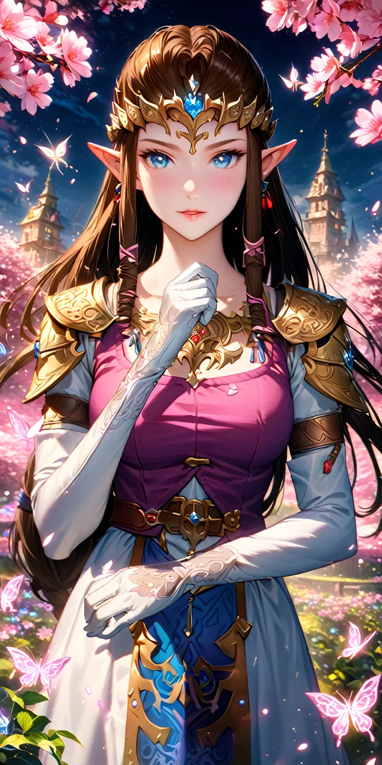 absurdres, highres, ultra detailed, HDR, master piece, best quality, extremely detailed, detailed eyes, detailed face, Zelda, dark brown hair, expressive blue eyes, The Legend Of Zelda Twilight Princess, solo, woman, beautiful, cherry red vest, white dress, long white gloves, accessories, glittering pink butterflies, garden, magic circle, green leaves, pink petals, pink flowers, fantasy, magical, pink cherry blossoms