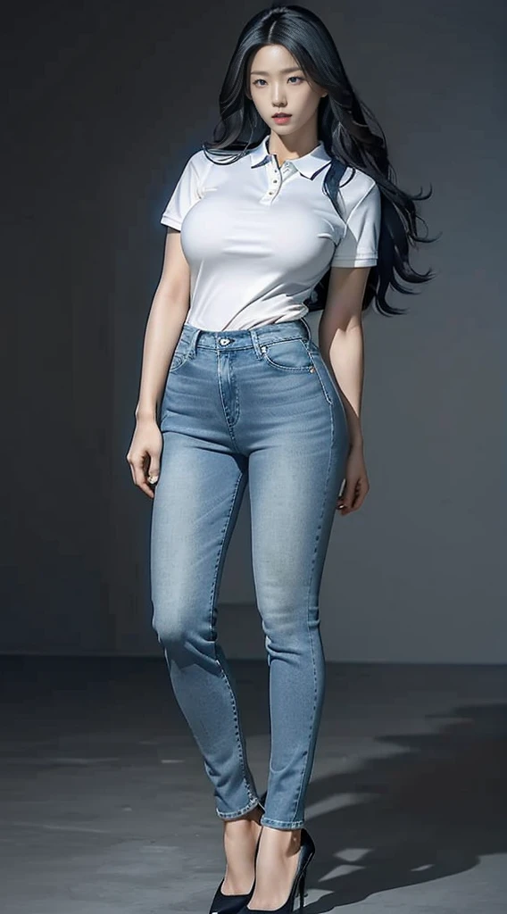 8k HD good quality image. Hot Korean woman has an ideal body, big breast, big fat butt, sexy wavy body, straight long hair, wearing blue tight polo, tight skinny blue jeans, and blue high heels. FULL BODY FROM HEAD TO TOE. FULL HEIGHT FROM HEAD TO TOE. 

The picture must show a complete head to toe picture of the hot Korean