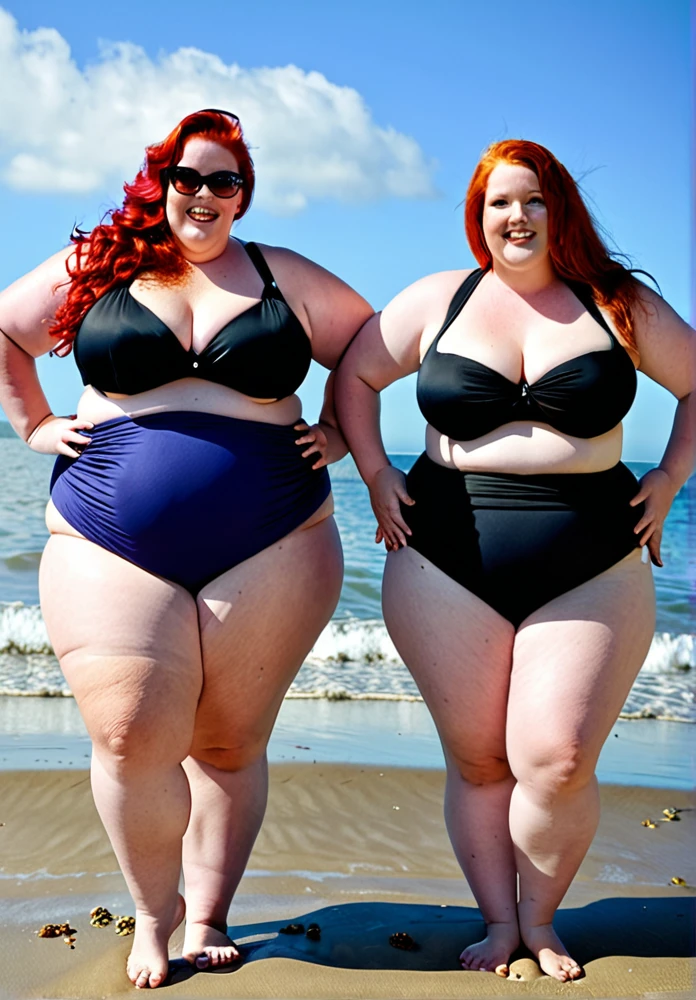 Couples stands on lake together, ultra-detailed, couple,2 girls, lesbian, ,beautiful detailed eyes, medium wavy hair, black swimsuit, thick thighs, standing on a lake, smiling, pink hair, , full body view, standing, whole body shot, voluptuous, sexy, feet, barefoot, pink hair, flowers pattern on a swimsuit, chubby, wet