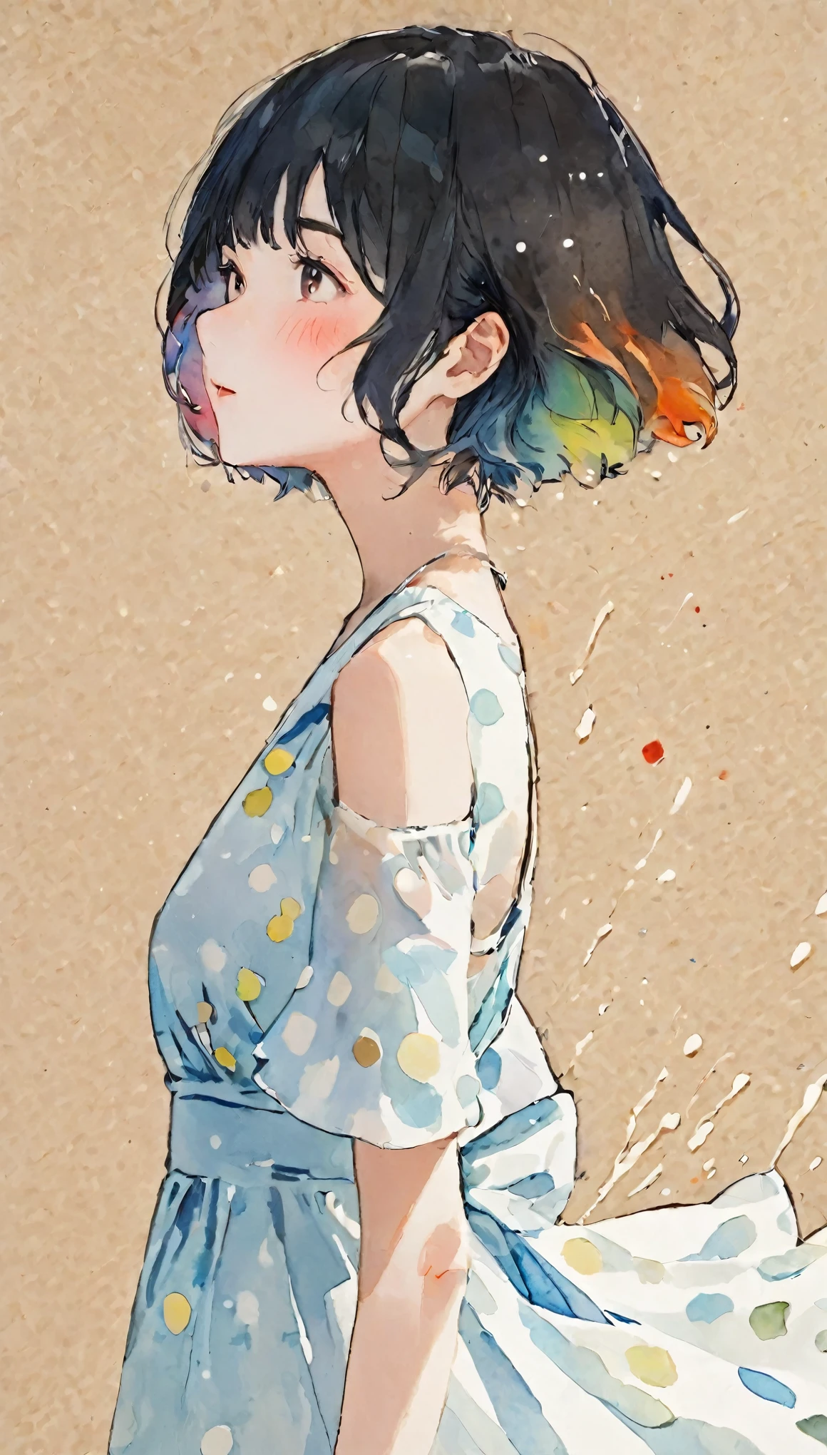 Splatter background and spray paint effect, Katsushika Hokusai, Tunic, Body above the knees, Multicolored Hair,Teary-eyed, dusk, watercolor, watercolor, watercolor風, watercolorの詳細なアート, watercolor digital painting, watercolor paints, 非常に精巧なwatercolor, watercolor, Short black hair、look up、profile、Upper Body、(((Simple white dress:1.2)))、Moderate bust、break、Abstract colorful polka dot background、The background is large polka dots