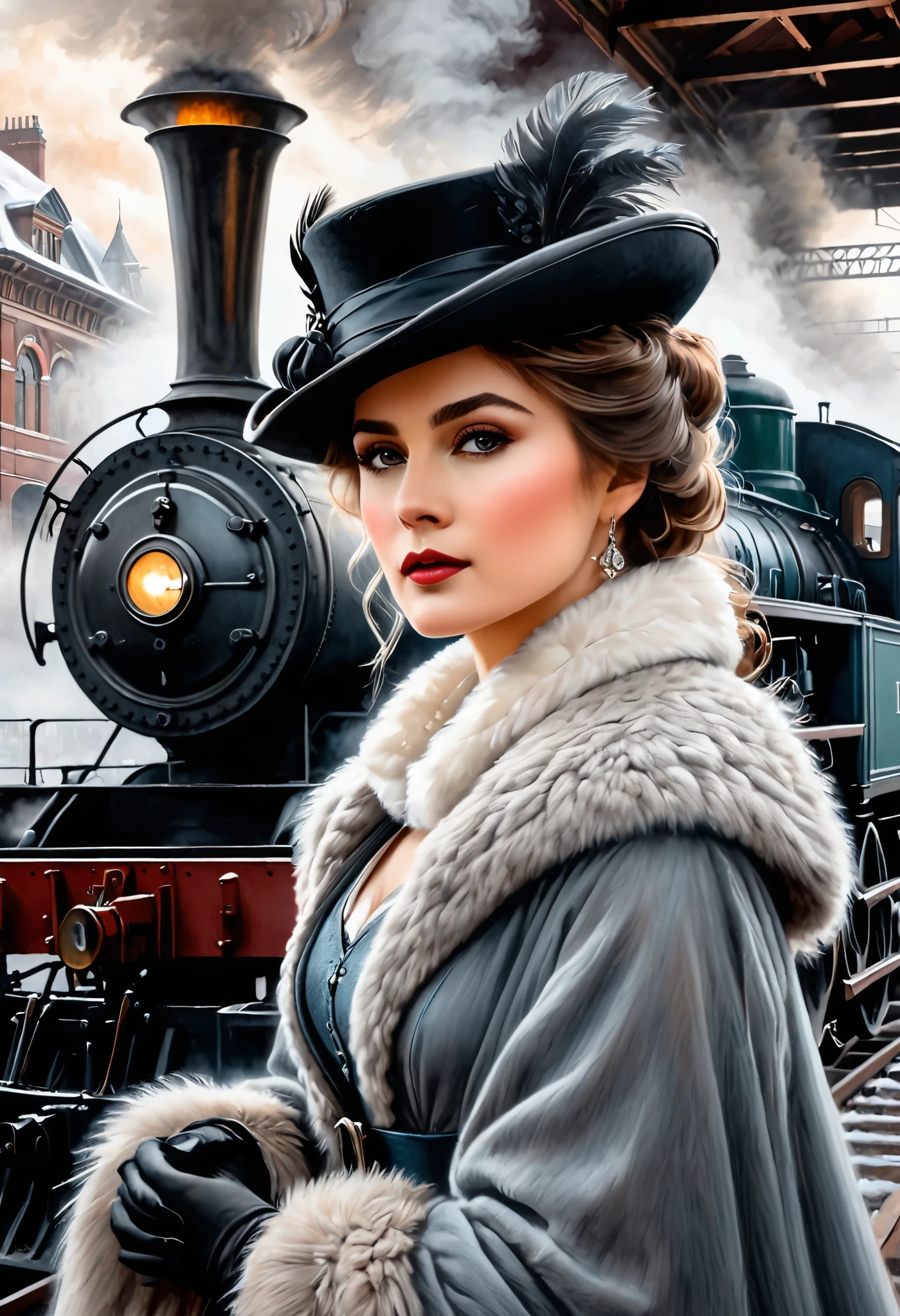 Pastel, black pencil hatching, charcoal drawing, toned paper, pencil drawing,
A historical scene set in a foggy train station. Foreground close-up, on camera, Anna Karenina, dressed in elegant 19th century winter attire, including a fur cape, hat, throws herself (((moving view, in front of the locomotive: 1.5))) under the locomotive. The train emits steam, creating a dramatic and nostalgic atmosphere. In the background are details of the train station with an industrial, vintage feel.