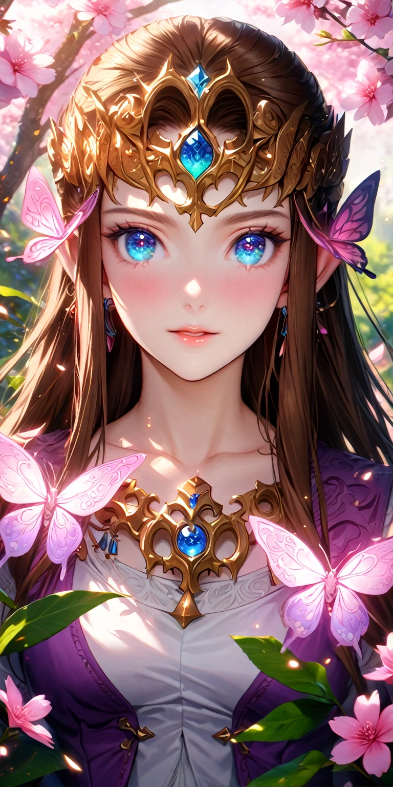 absurdres, highres, ultra detailed, HDR, master piece, best quality, extremely detailed, detailed eyes, detailed face, Zelda, dark brown hair, expressive blue eyes, The Legend Of Zelda Twilight Princess, solo, woman, beautiful, cherry red vest, white dress, long white gloves, accessories, glittering pink butterflies, garden, magic circle, green leaves, pink petals, pink flowers, fantasy, magical, pink cherry blossoms