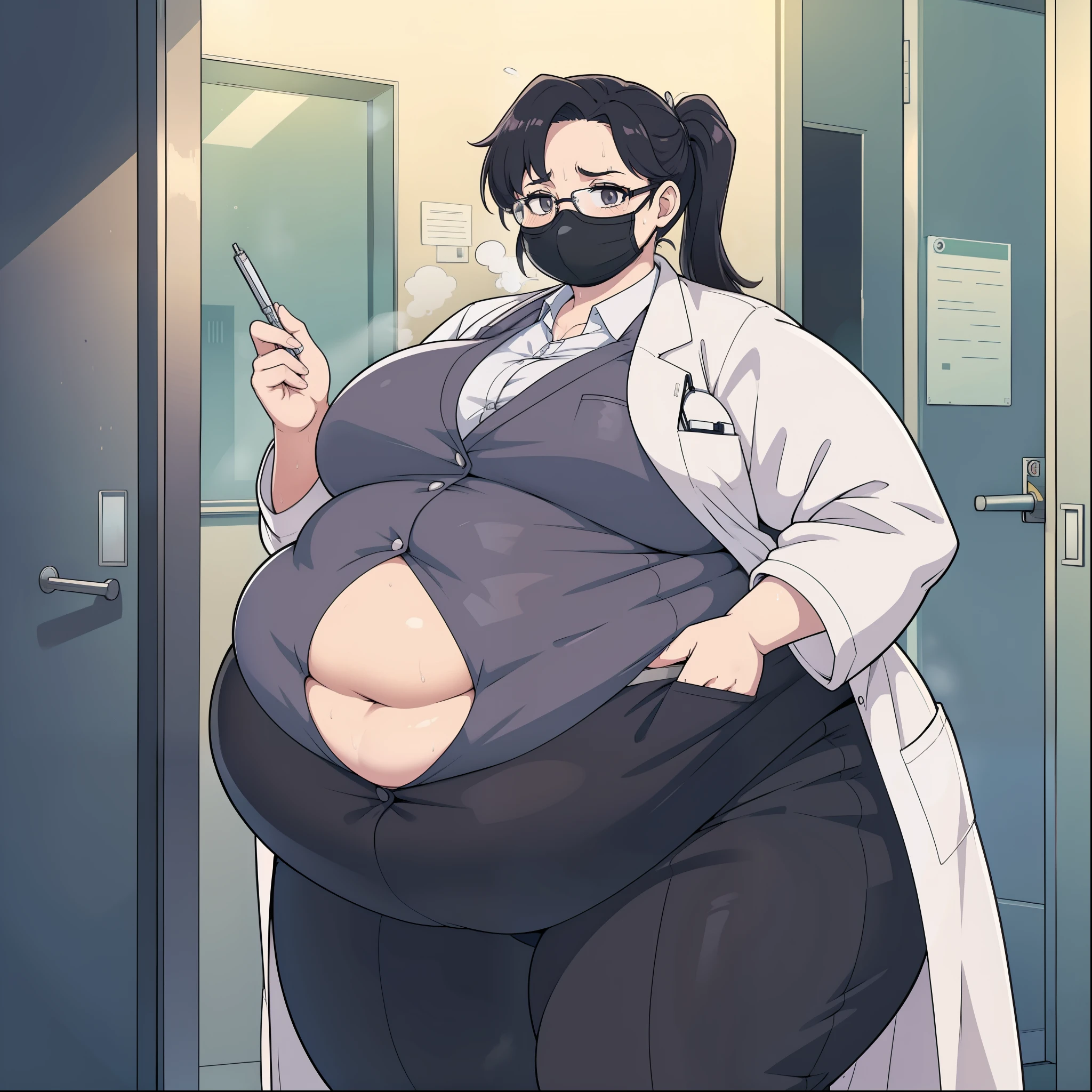 Doctor uniform, Lab coat, pen in pocket, lab coat side pocket, doctor, 1girl, solo, female doctor, black ponytail, face mask, glasses, looking at viewer, morbidly obese, exhausted, out of breath, steam, sweating, exposed belly, wide body, round body, hanging belly