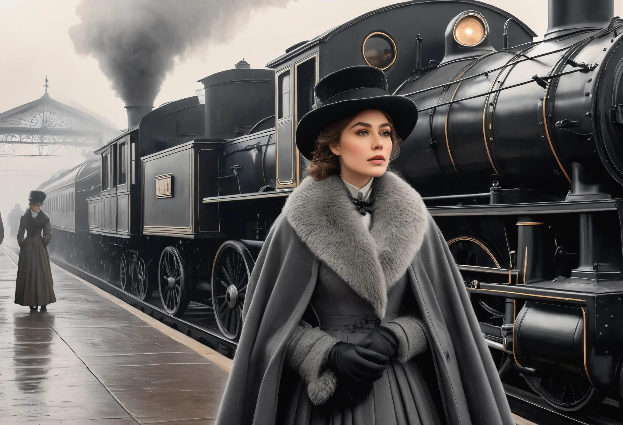 Pastel, black pencil hatching, charcoal drawing, toned paper, pencil drawing,
A historical scene set in a foggy train station. Foreground close-up, on camera, Anna Karenina, dressed in elegant 19th century winter attire, including a fur cape, hat, throws herself (((moving view, in front of the locomotive: 1.5))) under the locomotive. The train emits steam, creating a dramatic and nostalgic atmosphere. In the background are details of the train station with an industrial, vintage feel.