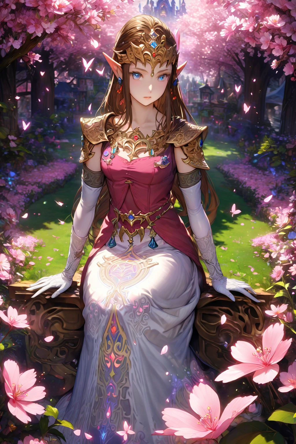 absurdres, highres, ultra detailed, HDR, master piece, best quality, extremely detailed, detailed eyes, detailed face, Zelda, dark brown hair, expressive blue eyes, The Legend Of Zelda Twilight Princess, solo, woman, beautiful, cherry red vest, white dress, long white gloves, accessories, glittering pink butterflies, garden, magic circle, green leaves, pink petals, pink flowers, fantasy, magical, pink cherry blossoms, sitting 