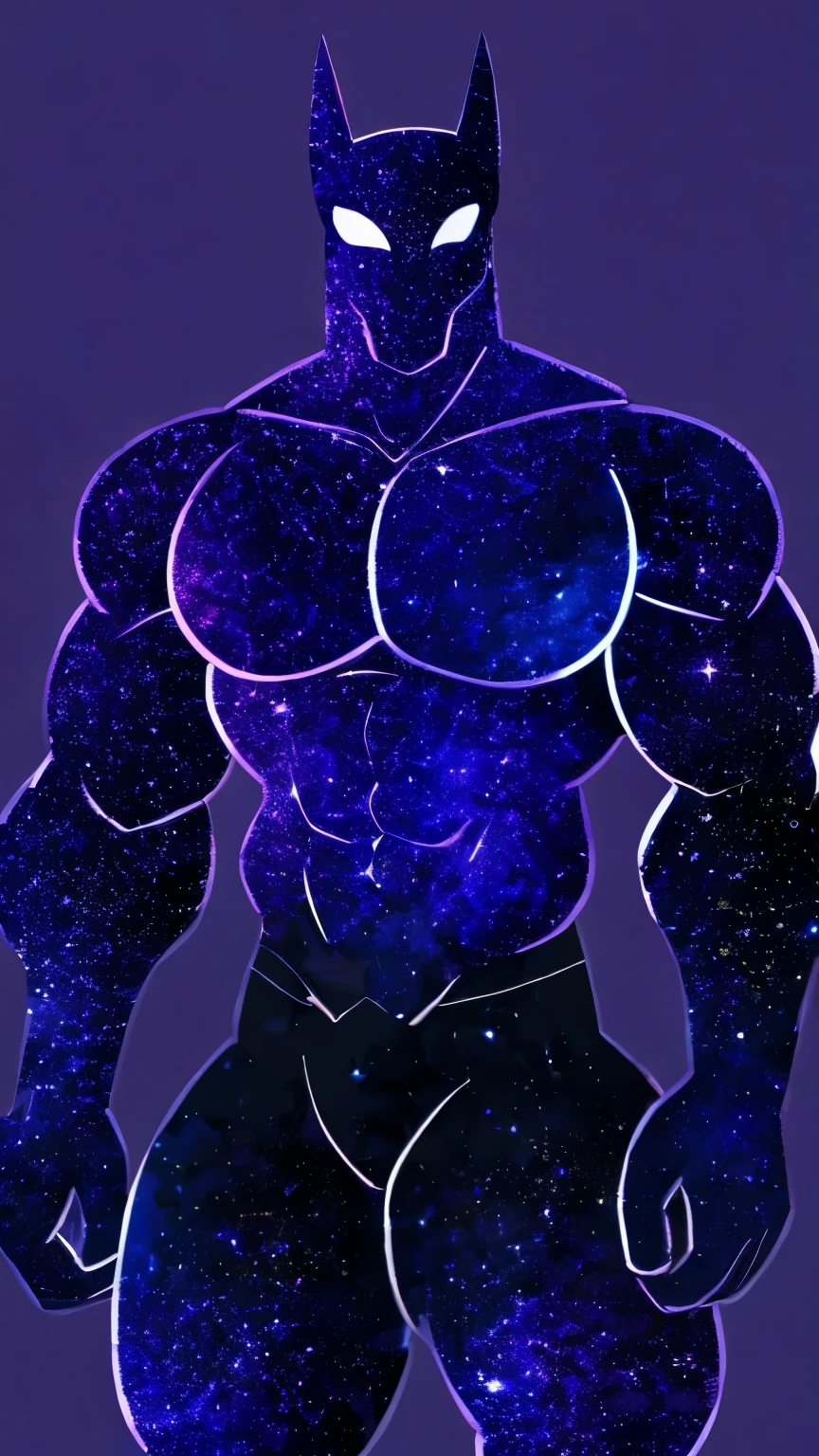 Backshot of a colossal giant god of the cosmos, a muscular body made enitrely of the galaxy, muscular, giant, wearing a purple and black skirt, thick galaxy thichs, big galaxy pecs, big muscular galaxy arms, galaxy mask, glowing white eyes, big muscle galaxy butt, bubble butt, glaring at the camera from behind, full body character, high quality. 4k, DETAILED,  MASTERPIECE. Dark background