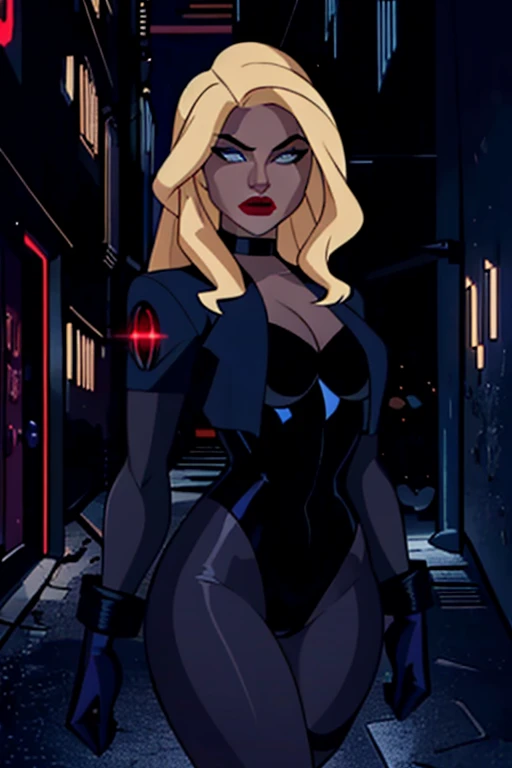 ((Black Canary is on the rooftops of the city at night)), ((Black Canary is wearing long stiletto boots, a short black leather jacket, a low-cut sleeveless black leotard, Fishnet pantyhose)), ((BLACK CANARY SUPERHEROINE DC Comics)), ((Black Canary Heroic pose)), (She has a confident expression, A sarcastic smile), ((Black Canary has blonde hair, she has long hair)), Wearing heavy makeup on her face. (masterpiece, best quality) 1.5, 1girl, alone, (sexy, beautiful woman, perfect face, perfect eyes) full body, ((blonde hair)). ((High Definition Face))