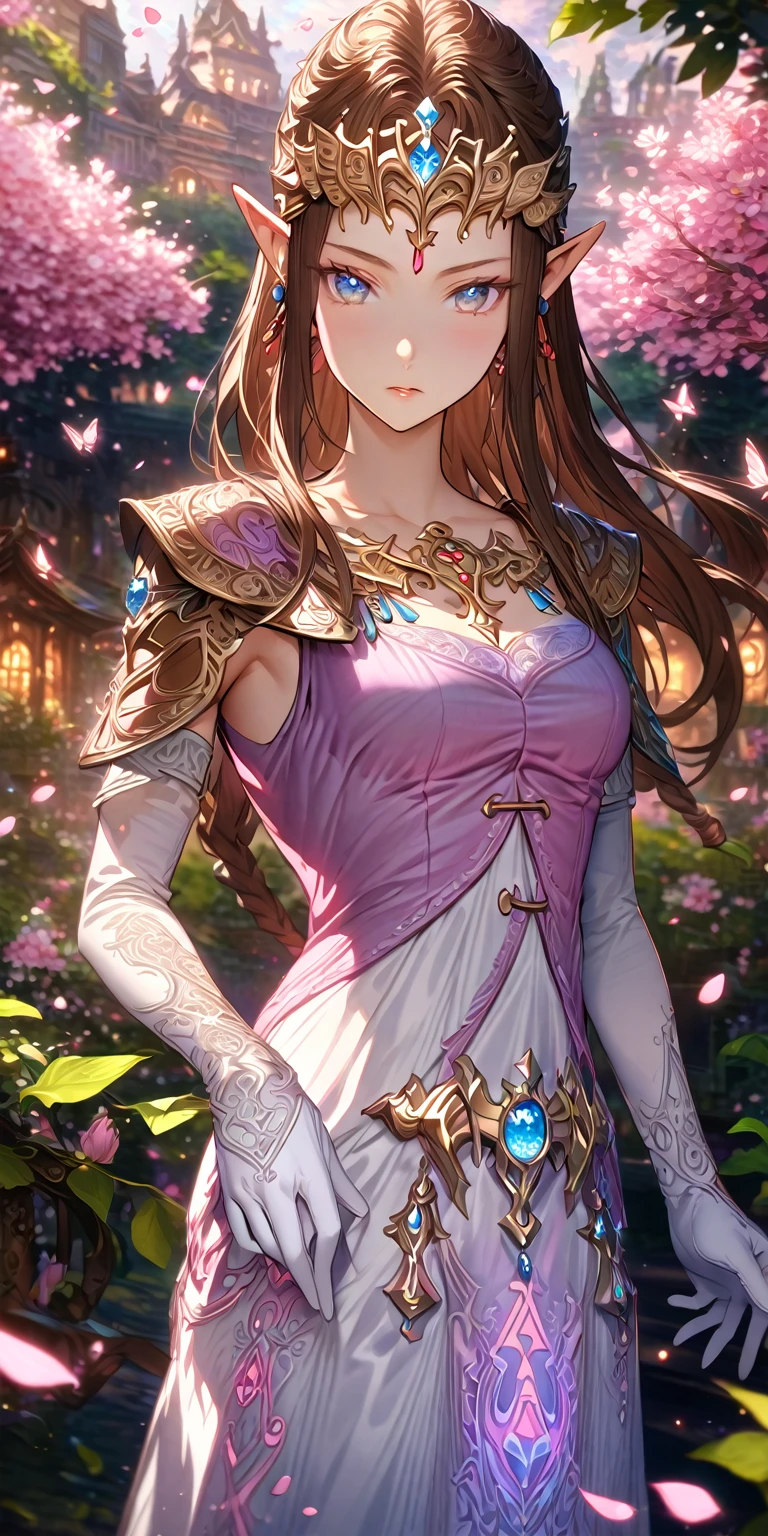 absurdres, highres, ultra detailed, HDR, master piece, best quality, extremely detailed, detailed eyes, detailed face, Zelda, dark brown hair, expressive blue eyes, The Legend Of Zelda Twilight Princess, solo, woman, beautiful, cherry red vest, white dress, long white gloves, accessories, glittering pink butterflies, garden, magic circle, green leaves, pink petals, pink flowers, fantasy, magical, pink cherry blossoms