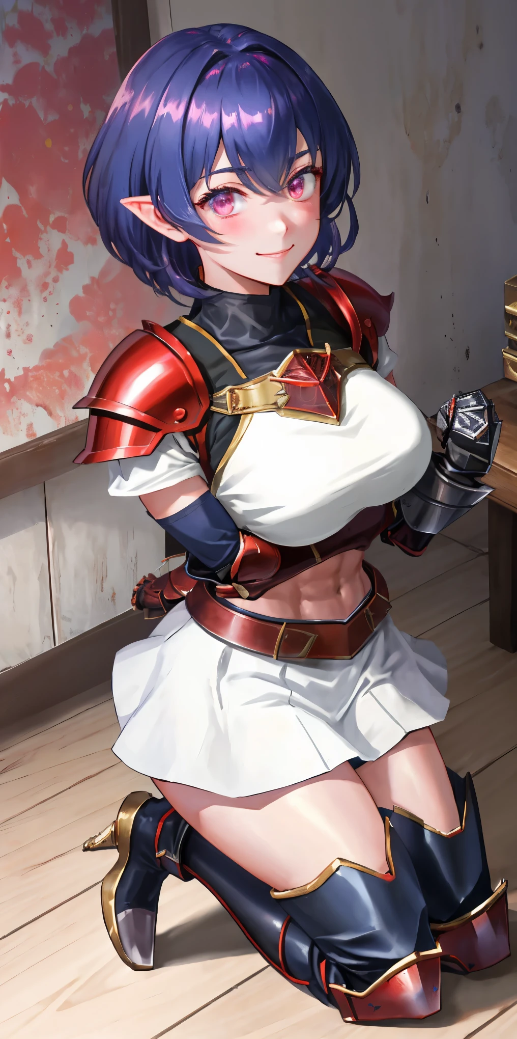 full body, Miria, RED breastplate, looking at viewer, shiny, armor, thighhighs, high boots,shoulder armor, faulds, poleyn, gloves, gauntlets, rerebrace armored boots, pauldrons,(masterpiece, best quality, ultra-detailed, best shadow) pointy ears, muscular lean, purple hair and red eyes, lustful smirking smile face red blushed, blush, strong abs, female body builder, tiara