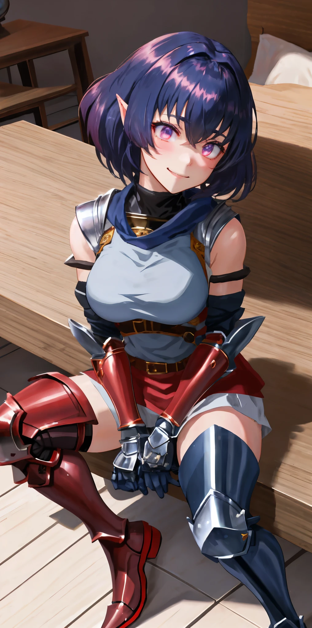 full body, Miria, RED breastplate, looking at viewer, shiny, armor, thighhighs, high boots,shoulder armor, faulds, poleyn, gloves, gauntlets, rerebrace armored boots, pauldrons,(masterpiece, best quality, ultra-detailed, best shadow) pointy ears, muscular lean, purple hair and red eyes, lustful smirking smile face red blushed, blush, strong abs, female body builder, tiara