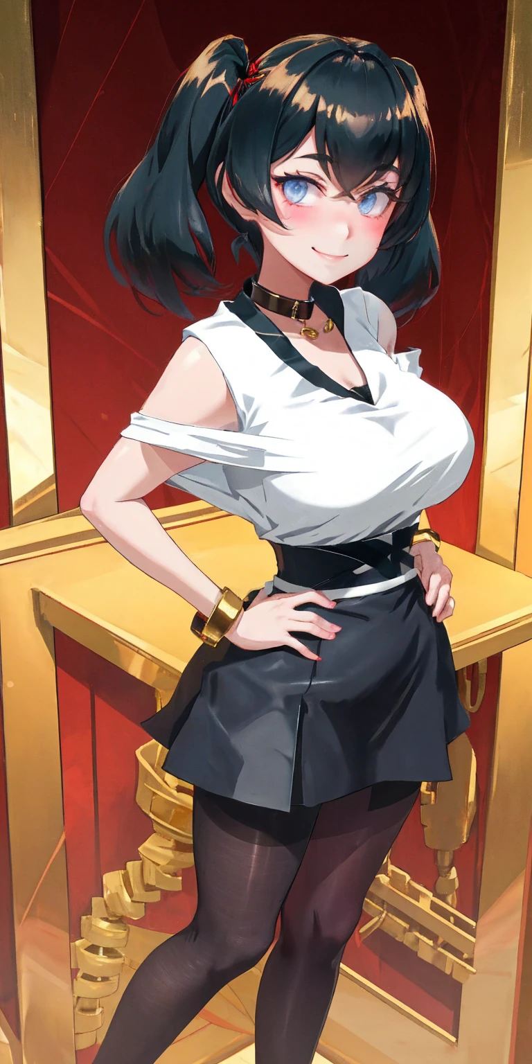 1solo Milf full body standing straight symmetrical, looking at viewer, hands on hips, twin drills twin tails, striped pantyhose, golden handcuffs on their hands with a black leather collar around the golden heart necklace, hands on hips, lustful smirking smile face red blushed