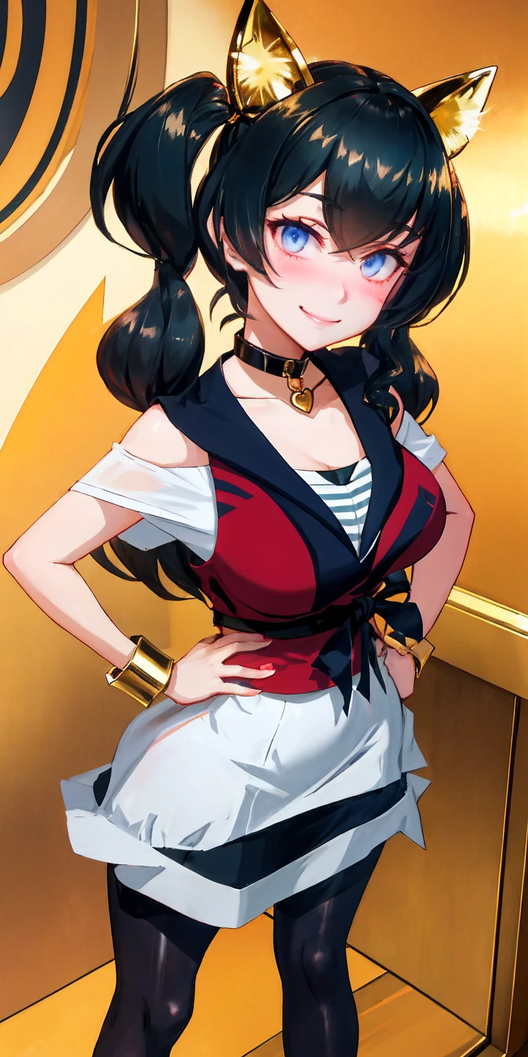 1solo Milf full body standing straight symmetrical, looking at viewer, hands on hips, twin drills twin tails, striped pantyhose, golden handcuffs on their hands with a black leather collar around the golden heart necklace, hands on hips, lustful smirking smile face red blushed