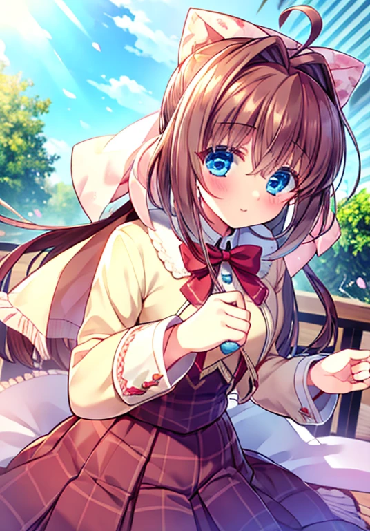 masterpiece, best quality, high resolution,  otome, otome, blue eyes, brown hair, bow, pink bow, long hair, ahoge